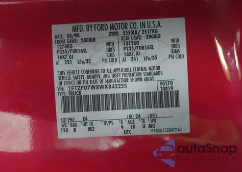 1998 Ford F-150 Lariat/Xl/Xlt из США, поврежденный, VIN 1FTZF07WXWKB42255